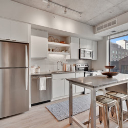 luxury kitchen in a one bedroom apartment at HQ Apartments in Elliot park Minneapolis